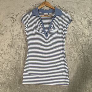 Vtg Y2K No Boundaries Striped Polo Shirt Juniors M 7/9 Blue White Indie Sleaze
